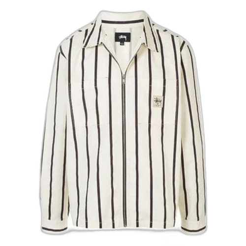 Stussy Stripe Shirt Stand Collar Long Sleeves Jacket Beige