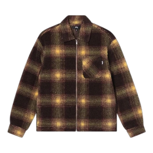 Stussy Shadow Plaid Sherpa Zip Shirt 'Brown'