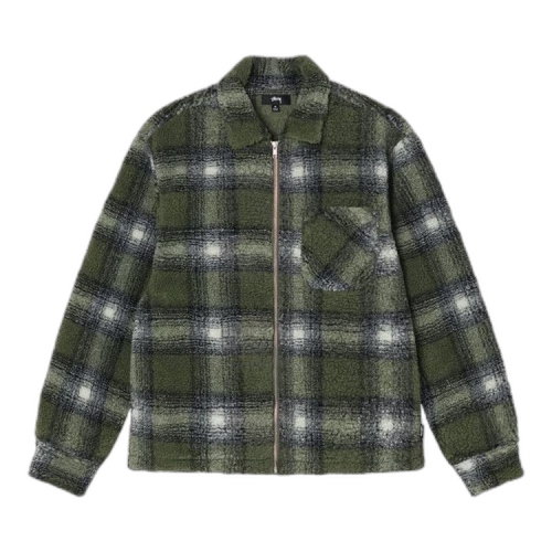 Stussy Shadow Plaid Sherpa Zip Shirt 'Olive'
