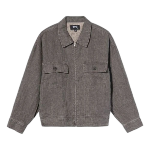 Stussy Boxy Linen Zip Jacket Loose Solid Color Zipper Unisex Gray