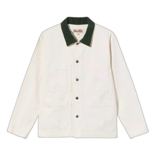 Stussy Cord Collar Canvas Chore Jacket Solid Color Multiple Pockets lapel Unisex White