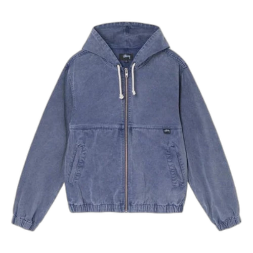 Stussy SS22 Stone Washed Work Jacket Blue Metallic Zipper Hooded Jacket