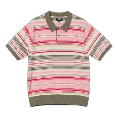 Stussy Stripe Pattern Loose Short Sleeve Polo Shirt Unisex Pink