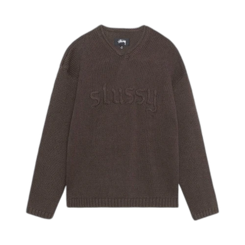 Stussy Embroidered V-Neck Logo Sweater Brown