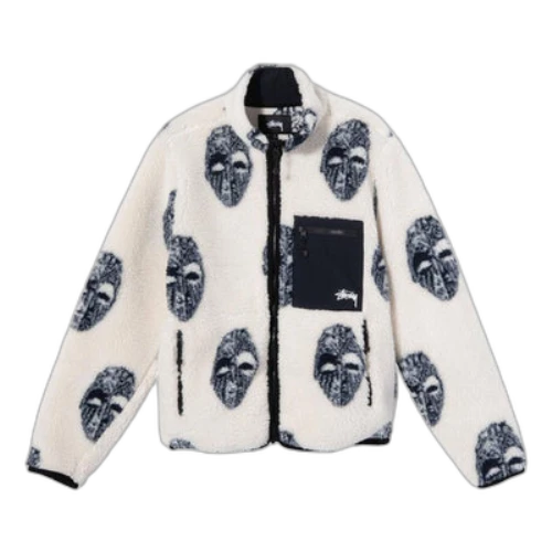 Stussy Mask Jacquard Sherpa Stand Collar Jacket White