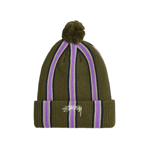 Stussy Striped Pom Beanie 'Olive'