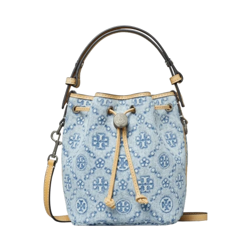 Tory Burch T Monogram Denim Mini Bucket Bag Powder Blue