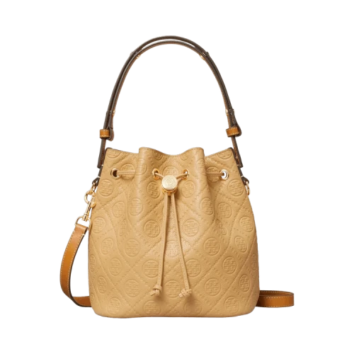 Tory Burch T Monogram Pebble Bucket Bag Biscotti
