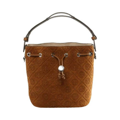 Tory Burch T Monogram Suede Bucket Bag Brown