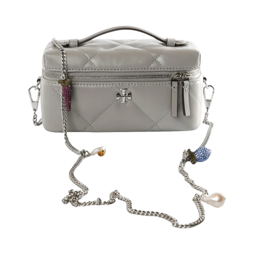Tory Burch Kira Diamond Quilt Charm East-West Vanity Case Gray