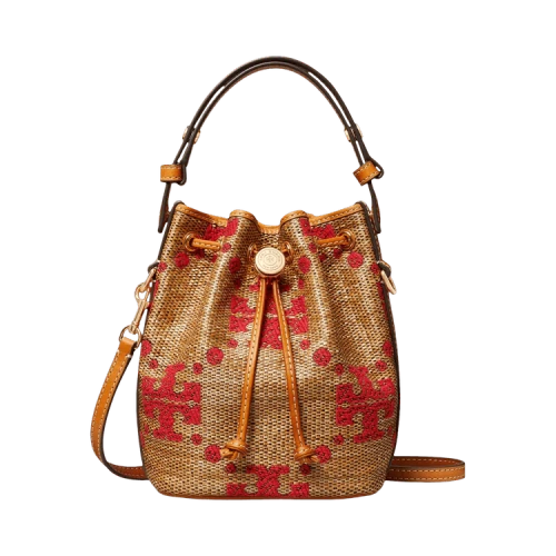 Tory Burch T Monogram Straw Mini Bucket Bag 'Natural'