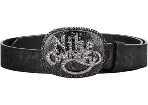 Nike Country Rhinestone Plaque Buckle Embossed Leather Belt Black