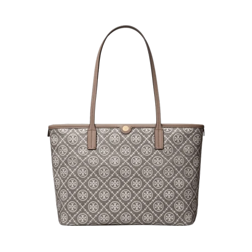 Tory Burch T Monogram Coated Jacquard Small Zip Tote Bag 'Charcoal'