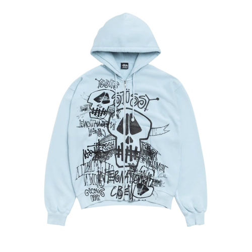 Stussy Skulls Zip Hoodie Pigment Dyed 'Sky Blue'