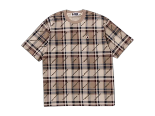BAPE A Bathing Ape Logo Check Pattern Tee Beige