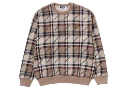 BAPE A Bathing Ape Logo Check Pattern Crewneck Beige