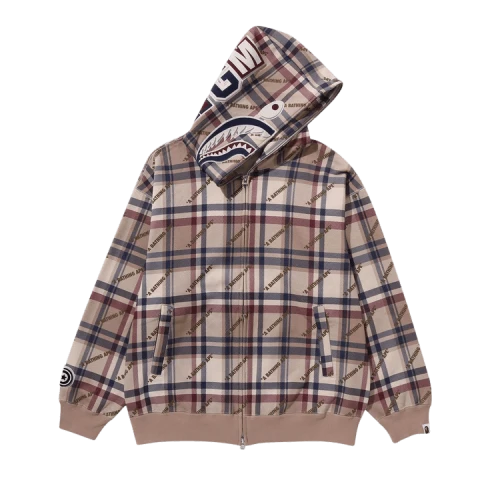 BAPE Logo Check Pattern Shark Full Zip Hoodie 'Beige'