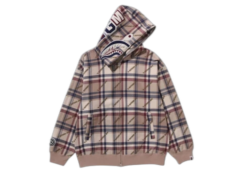 BAPE Logo Check Pattern Shark Full Zip Hoodie Beige