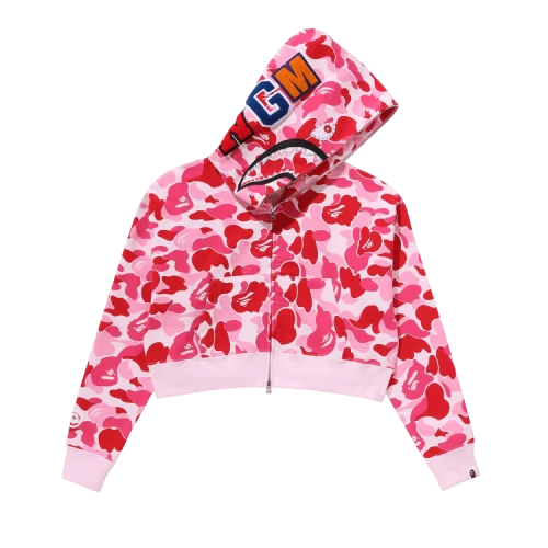 BAPE ABC Camo Crystal Stone Shark Cropped Full Zip Hoodie 'Pink'