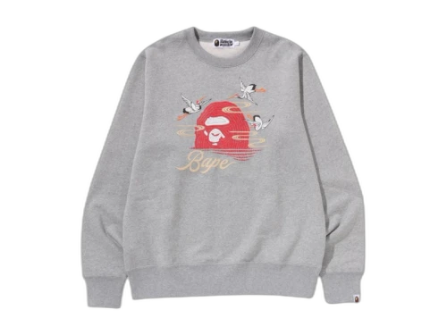 BAPE Embroidery Style Japanese Crane Crewneck Grey