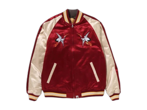 BAPE Japanese Crane Embroidery Reversible Souvenir Jacket Red