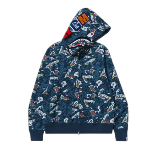 BAPE Japanese Tattoo Camo Shark Fz Hoodie 'Blue'