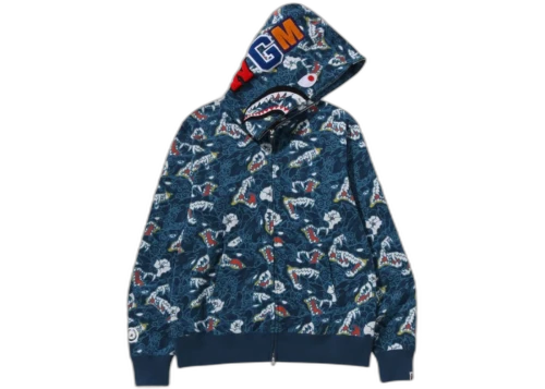 BAPE A Bathing Ape Japanese Tattoo Camo Shark Full Zip Hoodie Blue