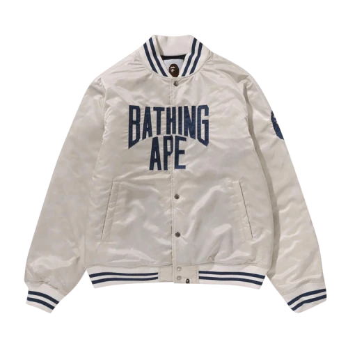 BAPE Solid Camo NYC Logo Nylon Varsity Jacket 'Ivory'