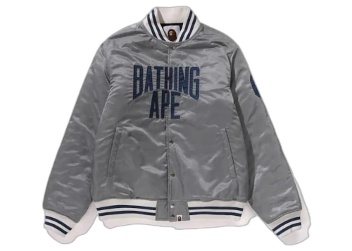 BAPE Solid Camo NYC Logo Nylon Varsity Jacket Gray