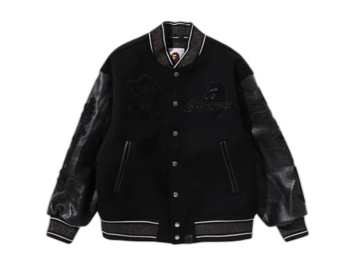 BAPE Line Camo Multi Logo Wool Varsity Jacket Black