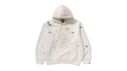 BAPE Destroyed College Relaxed Fit Layered Pullover Hoodie (FW25) Ivory