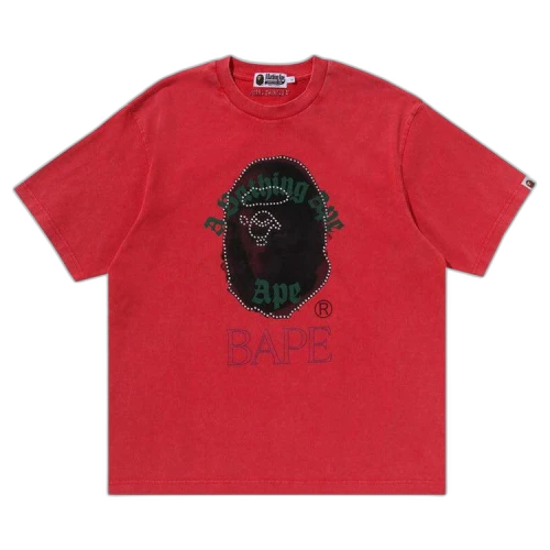 BAPE Garment Dye Rhinestone Ape Head Relaxed Fit Tee 'Red'
