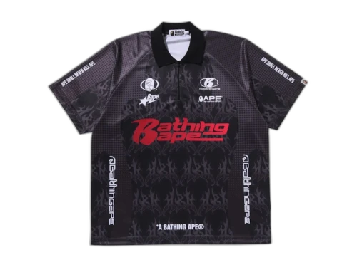 BAPE Flame Pattern Overall Print Half Zip Relax Fit Polo Shirt Black