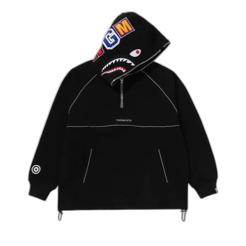 BAPE Shark Logo Half Zip Relaxed Fit Pullover Hoodie 'Black'