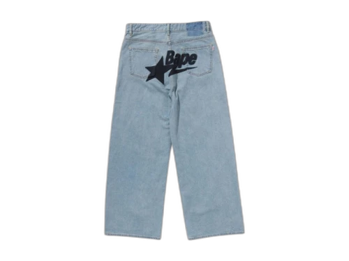 BAPE Women's Sta Embroidery Baggy Denim Pants Blue