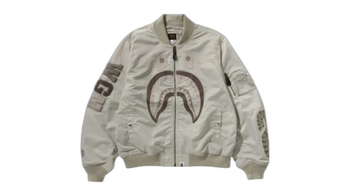 BAPE Tonal Chain Stitch Shark Bomber Jacket Beige