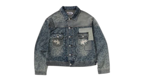 BAPE Cloud Camo Jacquard Upcycled Denim Trucker Jacket Navy
