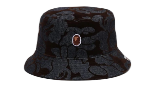 BAPE Camo Flocked Denim One Point Bucket Hat Indigo