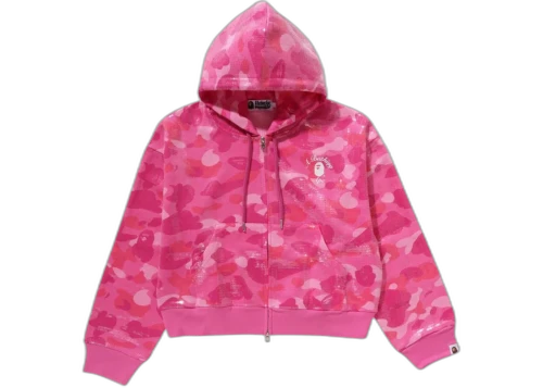 BAPE Women's Color Camo Ape Head Sequin Cropped Full Zip Hoooie Pink