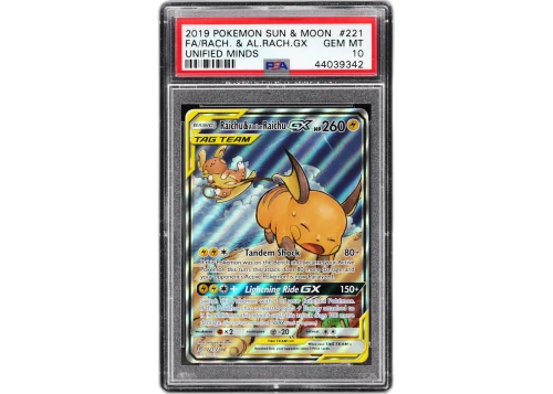 2019 Pokémon Unified Minds Raichu & Alolan Raichu GX Full Art #221 PSA 10