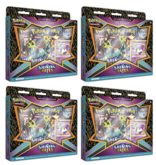 Pokémon TCG Sword & Shield Shining Fates Mad Party Pin Collection Polteageist 4x Lot