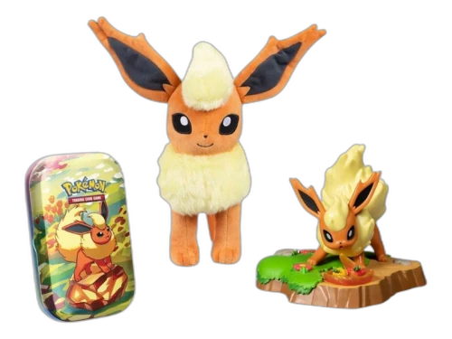 2025 Pokémon Scarlet & Violet Prismatic Evolutions Flareon Plush, Figure & TCG Mini Tin Bundle