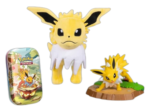 2025 Pokémon Scarlet & Violet Prismatic Evolutions Jolteon Plush, Figure & TCG Mini Tin Bundle