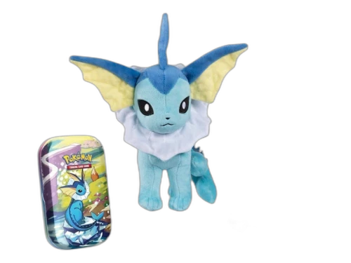 2025 Pokémon Scarlet & Violet Prismatic Evolutions Vaporeon Plush, Pixel Pins & TCG Mini Tin Bundle