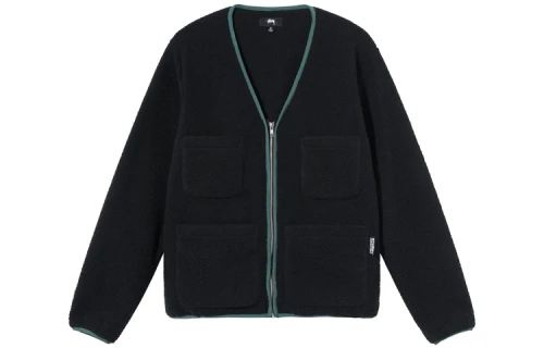 Stussy FW21 Polar Fleece Cardigan Solid Color Multiple Pockets Jacket Unisex Black