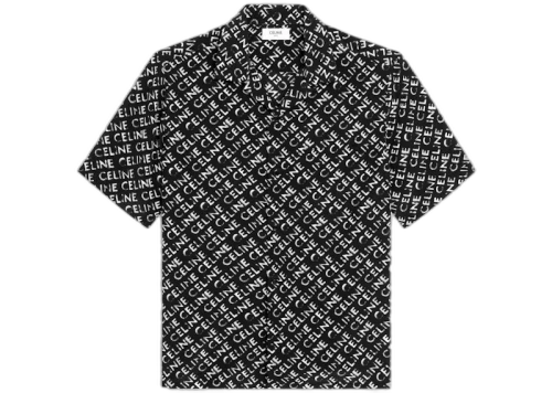 Celine Loose Hawaiian Shirt with Diluted Celine Print in Crepe De Chine Noir/Craie
