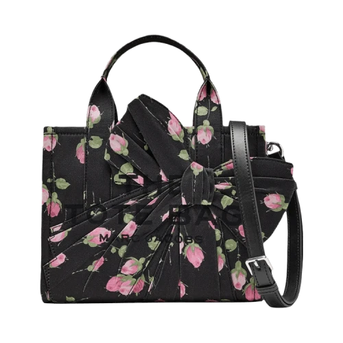 Marc Jacobs The Vintage Floral Oversized Bow Canvas Small Tote Bag 'Black Mult'