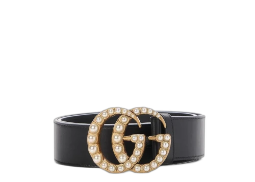 Gucci Double G Wide Leather Belt Pearl Buckle 1.5 Width Black