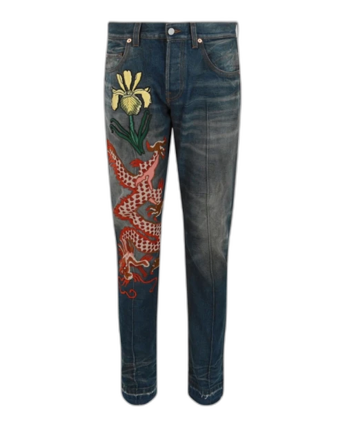 Gucci Dragon Embroidered Tapered Jeans Blue Multi