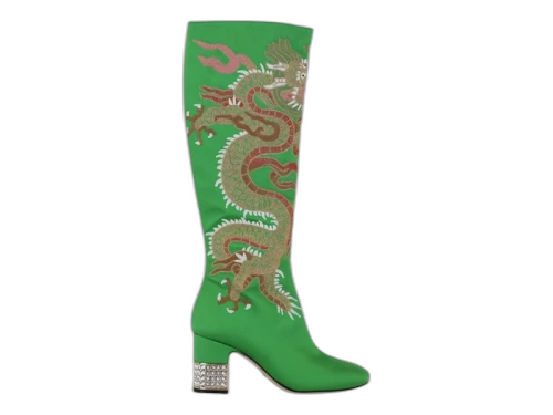 Gucci Satin Malaga Embroidered Dragon Block-Heel Boots Palm Palm (Women's)